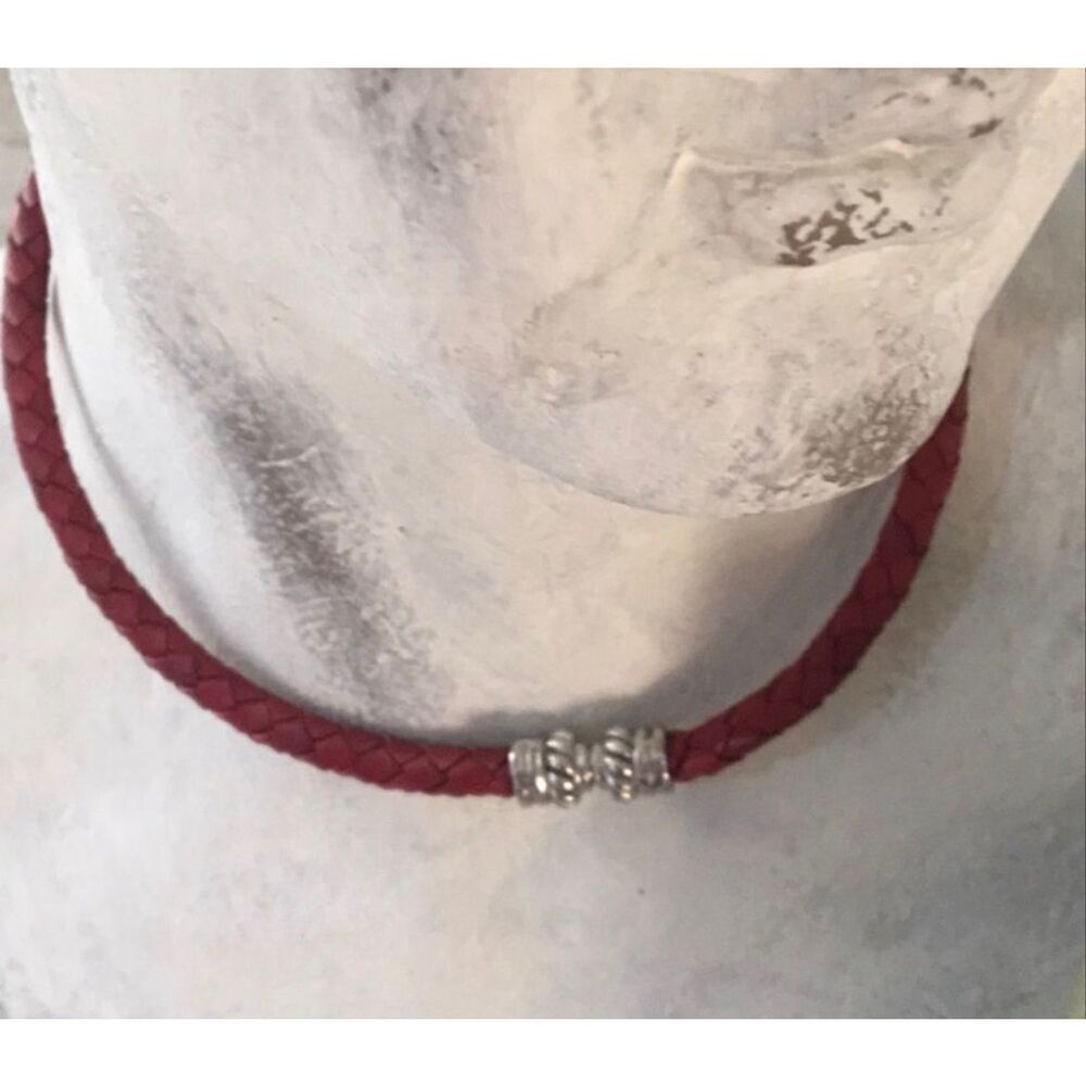 Judith Ripka Red Leather and Sterling Choker